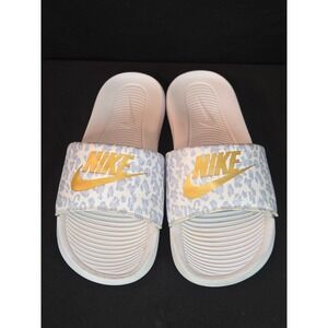 Nike Women Slides Leopard Print Gold Logo White Blue Size 10 Comfort Pool‎ Beach